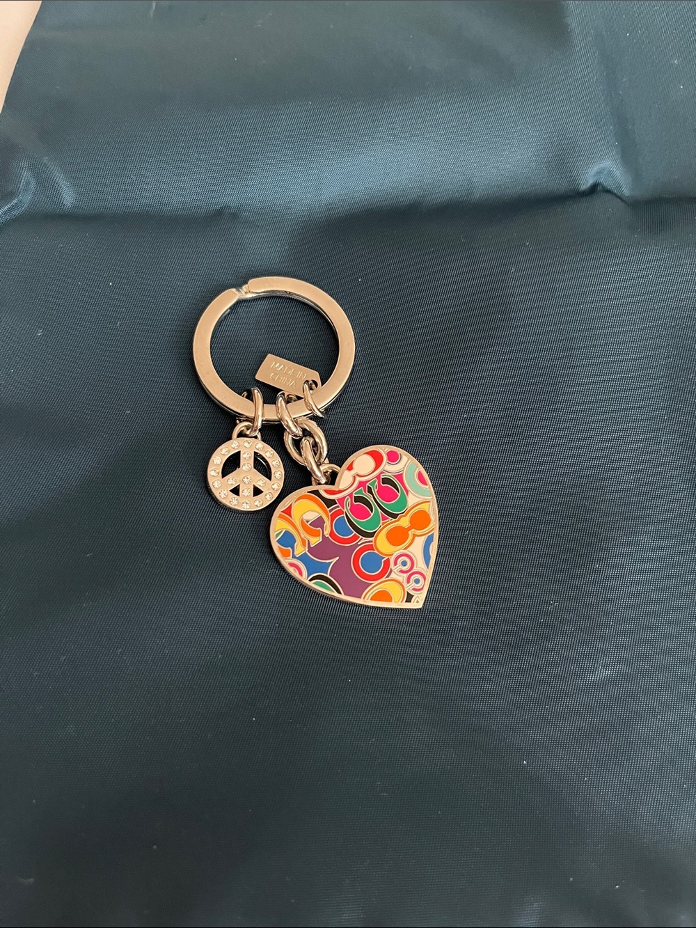 Coach Multicolor Enamel Heart Keychain with Gold-Tone Peace Charm